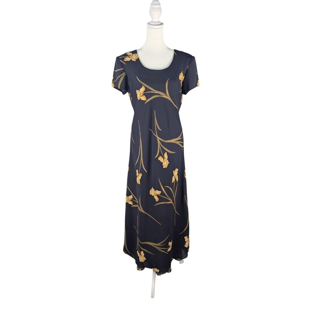 Vtg‎ Jessica Howard Maxi Dress Size 8 Navy Yellow Floral Overlay Fairy Romantic